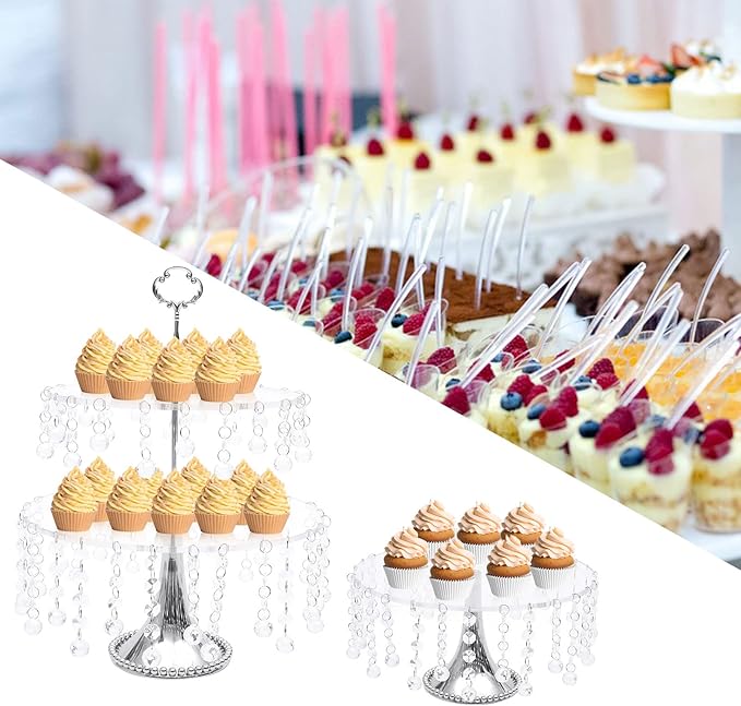 4 Pcs Acrylic Cake Stands 12 Inch with Crystal Bling Pendants, Dessert Cupcake Display Metal Stand for Christmas New Year Wedding, Event, Birthday Party