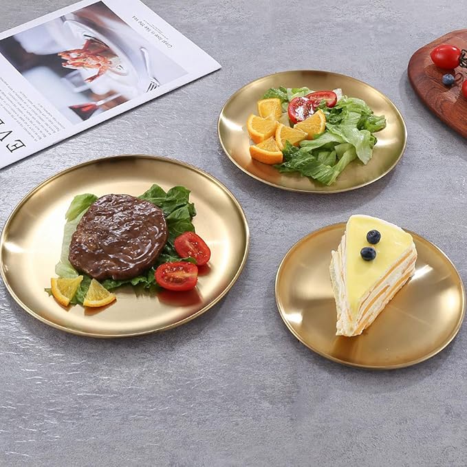 Stainless Steel Gold Plates 2 Set Round Dinner Dishes 10 Inch Metal Plates Great for Picnic,Outdoor Camping Plate,Shatterproof Dishwasher Safe