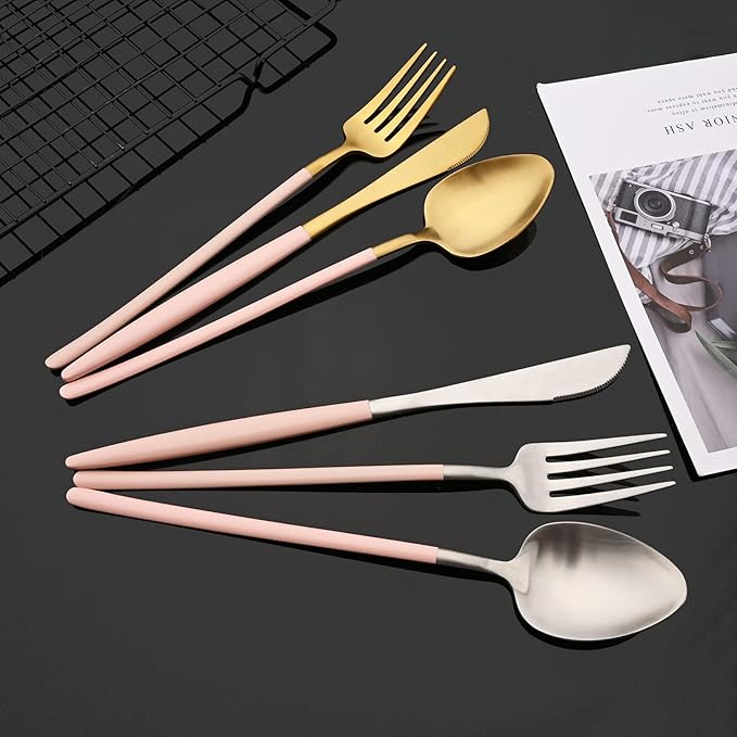 JASHII Matte Pink and Gold Silverware Set, 304 Stainless Steel Flatware Set Service for 4, Tableware Cutlery Set for Home Restaurant Party, Dinner Forks/Spoons/Knives, Slim Handle, Dishwasher Safe