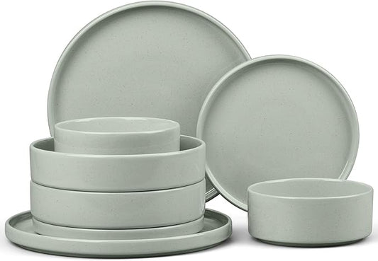 E-far 8-Piece Plates and Bowls Sets - Stoneware Dinnerware Sets with Pasta Bowls for 2 | Microwave & Dishwasher Safe Kitchen Modern Dish Set, Speckled Green