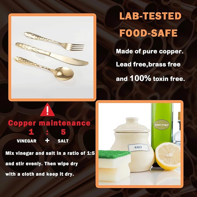 3-Piece Hammered Brass Cutlery Set, 99.99% Pure Copper High-End Kitchen Utensils Cutlery, Suitable for Home and Restaurant Cutlery Sets, Dishwasher Safe (3-piece set)