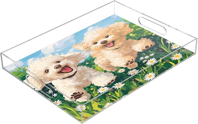 Serving Tray with Handles Clear Acrylic Tray 12x16 Inch Decorative Rectangular Tray Organizer for Ottoman Coffee Table Bathroom Spring Running Poodle Dogs