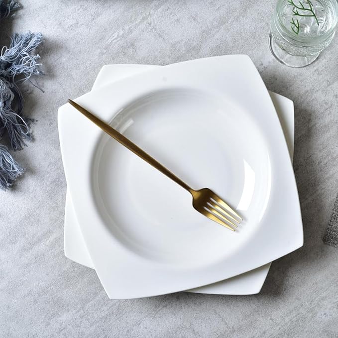 Vitrelle 6-Piece Salad Appetizer Plate Set Triple Layer Glass and Scratch Resistant, 9.25 Inch Square Plates, Winter Frost White