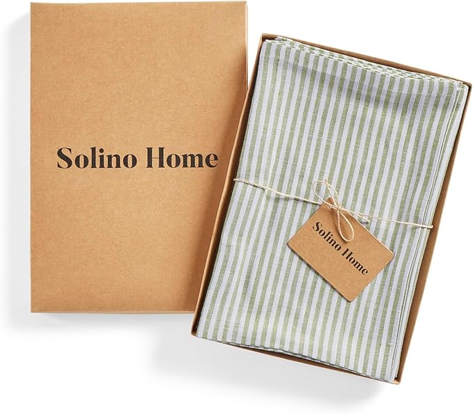 Solino Home Linen Napkins Set of 4-100% Pure Linen Narrow Stripe Avocado and White Cloth Dinner Napkins 20 x 20 Inch for Christmas, New Year - Handcrafted and Machine Washable