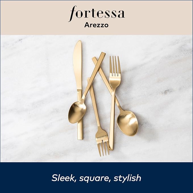 FORTESSA Arezzo 18/10 Stainless Steel Flatware, 20 Piece Place Setting With Table Knives, Forks and Spoons (Service For 4), Dishwasher Safe, Brushed Gold