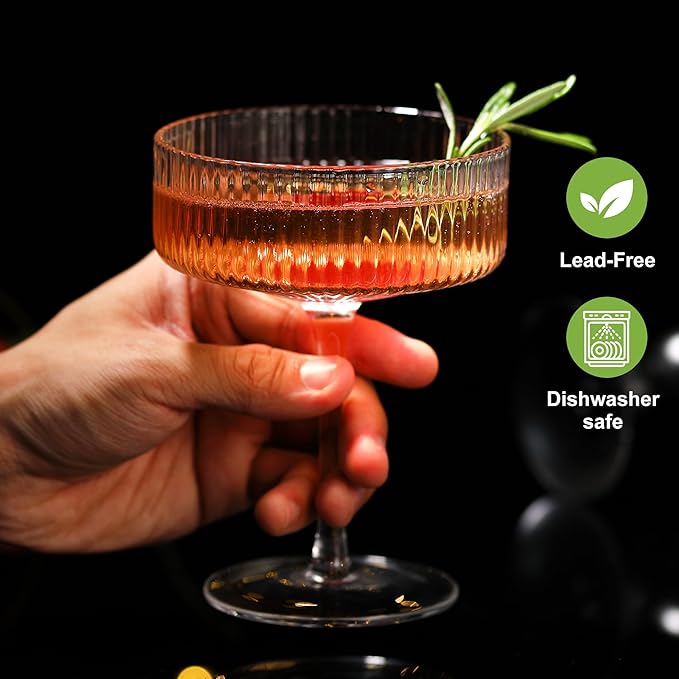 FERAHI 6 Pcs Ribbed Coupe Glasses, 10 oz Vintage Martini Glasses Set, Cute Espresso Martini Glass & Champagne Coupe Glass, Elegant Bar Glassware for Cocktails, Wine, Outdoor Entertaining & Gifts
