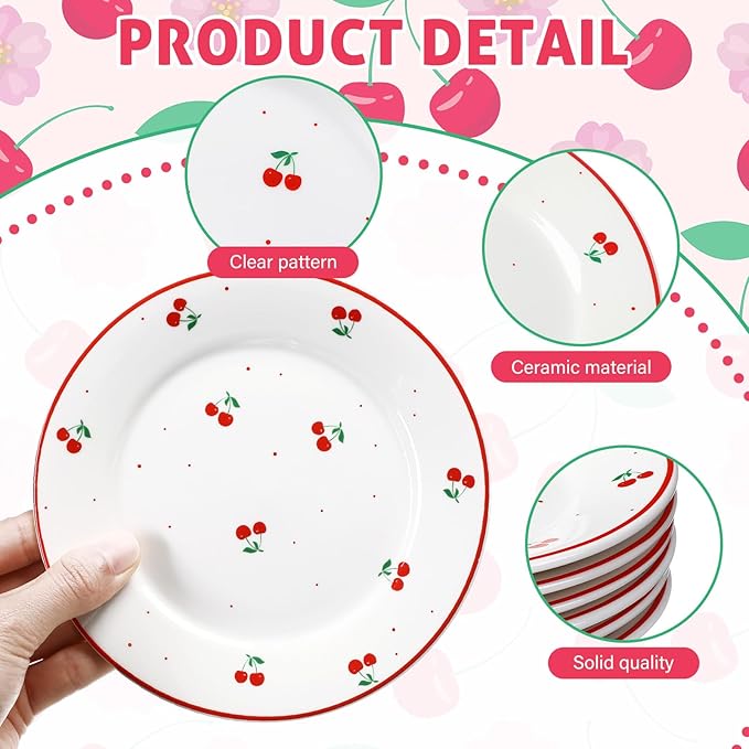 Honeydak 6 Pcs Valentine's Day Decorations Cherry Plates Ceramic 6 Inch Salad Appetizer Dessert Dish Cutlery for Fruits Galentines Cherry Birthday Supplies Wedding Table Party Decorations Favors
