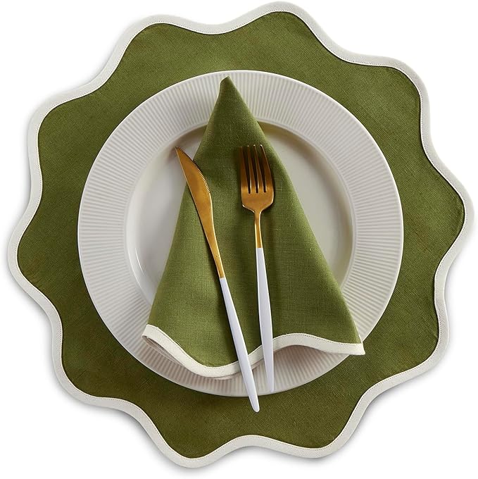 Solino Home Linen Cloth Placemats Set of 4-100% Pure Linen Ivory and Avocado Round Placemats 16 Inch for Christmas, New Year - Giselle Scallop Edge, Handcrafted and Machine Washable