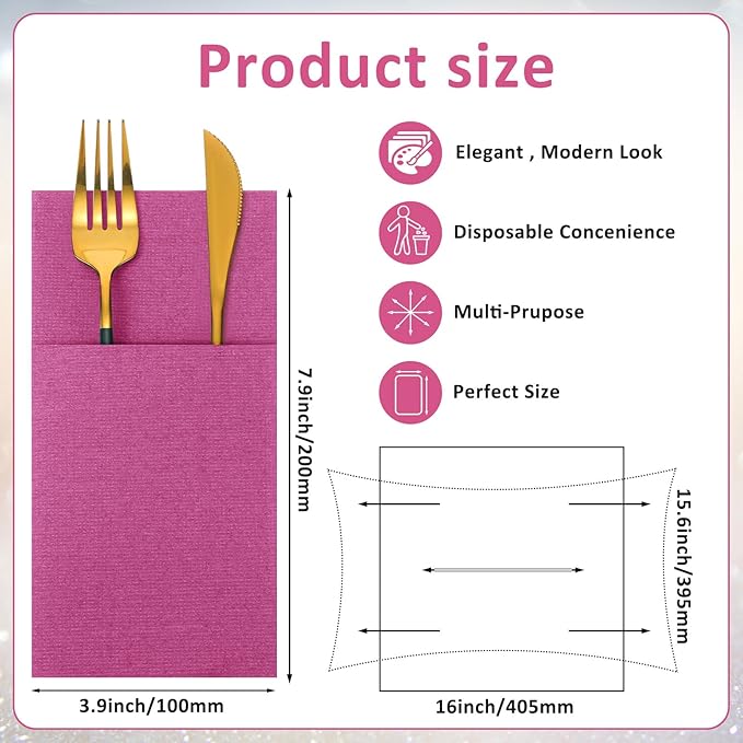 Cindeer 75 Pcs Hot Pink Linen Dinner Feel Napkins with Built in Flatware Pocket Prefolded Paper Disposable Airlaid Guest Hand Towel for Silverware Wedding Reception Christmas Baby Shower
