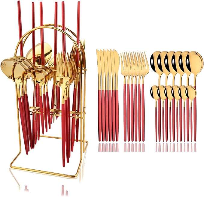 JASHII Red and Gold Hanging Flatware Set Include Knife Fork Spoon Teaspoon and Stand, 24pcs Stainless Steel Utensils Set Service for 6,Modern Design & Mirror Polished, Great Gift