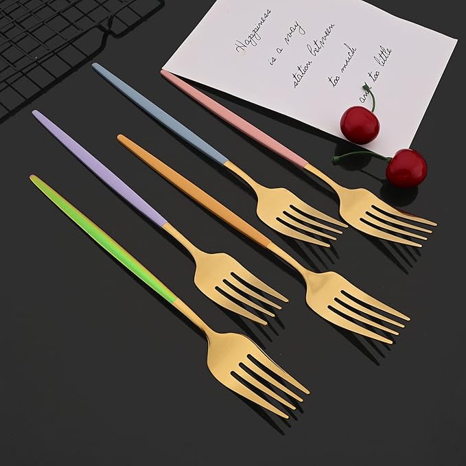 JASHII Flatware Set 24 Piece, Stainless Steel Silverware Set, Macaron Small Fresh Color Cutlery Set, Modern Elegant Tableware Set for Party, Christmas, Dinner (Rainbow Gold)