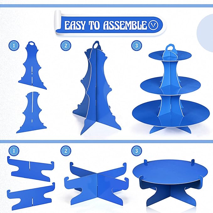 Zopeal 7 Pcs Dessert Table Display Set 3-Tier Cupcake Stand 1-Tier Cup Cake Display Tower Platters and Serving Trays Cardboard Cake Cookie Holders for Wedding Birthday Party Baby Shower(Blue)