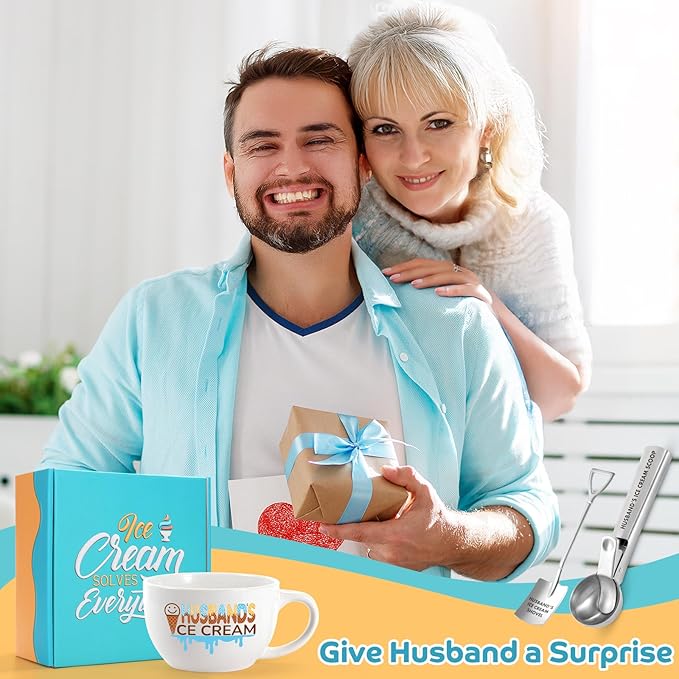 Christmas Gifts for Husband from Wife, Husband's Gifts for Valentine's Day,Anniversary,Birthday, Ice Cream Bowl and Scoop Set with Shovel – Funny Husband Present