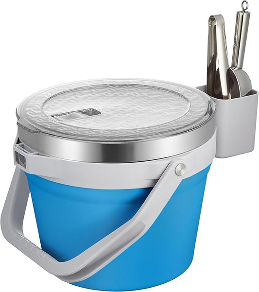 COKTIK 7L Vacuum Insulated Ice Bucket with Lid and Scoop& Tongs，Large capacity Stainless Steel Beverage Bucket for Cocktail, Champagne, Wine, Beer，Large Parties（Blue Suit）