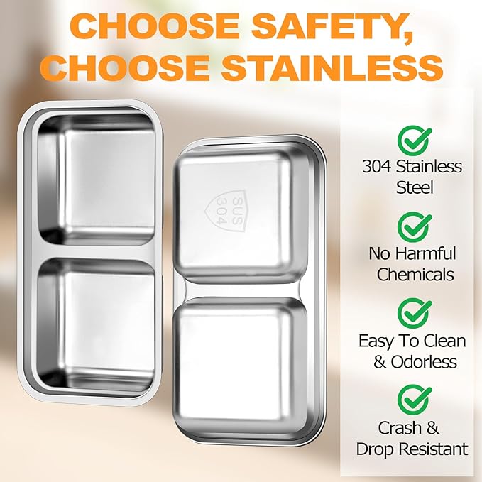 Stainless Steel Snack Containers with Lids, Reusable Bento Lunch Container Box, Food Storage, Leak Proof, Dishwasher-Safe, Grab and Go for Work, 2 Pack-Double Compartment