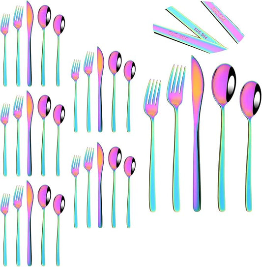 30pcs Korean Style Silverware Set Reusable Metal SUS304 Stainless Steel Fork Spoon Set Metal Portable Flatware Set Utensils Dishwasher Safe Mirror - Rainbow