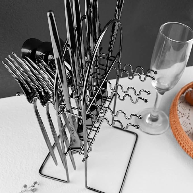JASHII 24-Piece Stainless Steel Flat Flatware Set for 6, Fork Spoon Knife Set Eating Utensils Tableware with Holder for Kitchens Home and Restaurant, Dishwasher Safe - Shiny Black