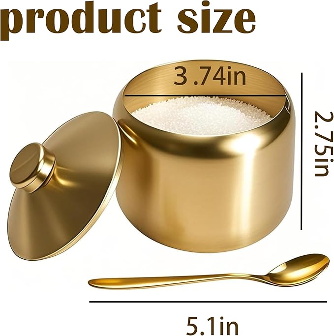 15oz Stainless Steel Sugar Bowl Includes lid and spoon. Elegant modern sugar jar with gold finish, durable sugar container for coffee bar accessories and decor. Perfect for home and kitchen storage.