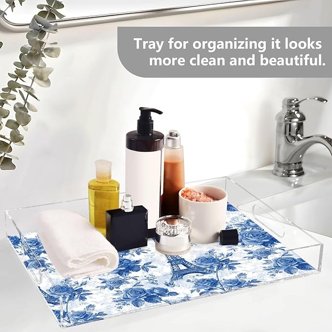 Serving Tray with Handles Clear Acrylic Tray 12x16 Inch Decorative Rectangular Tray Organizer for Ottoman Coffee Table Bathroom Blue Roses and Eiffel Tower