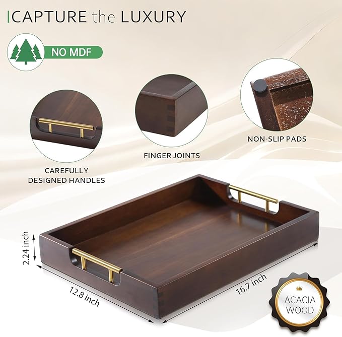 Joy&Grace Ottoman Tray for Living Room, Large Acacia Wooden Serving Tray with Handles for Coffee Table, Breakfast in Bed, Food Dinner, Decorative Tray (Color Brown, 16.7" x 12.8" x 2")