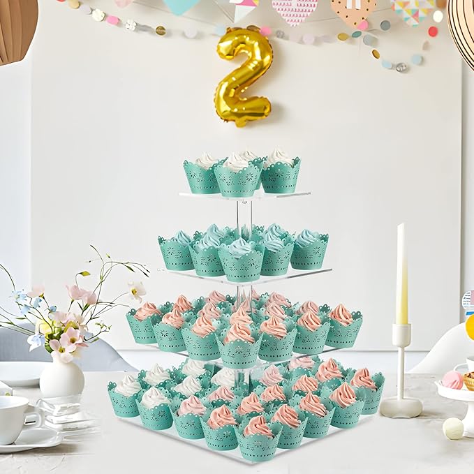 Acrylic Cupcake Stand Clear Cupcake Holder Display Stand Dessert Pastry Tower for Wedding Birthday Bar Party Décor (Square - 4 Tier)