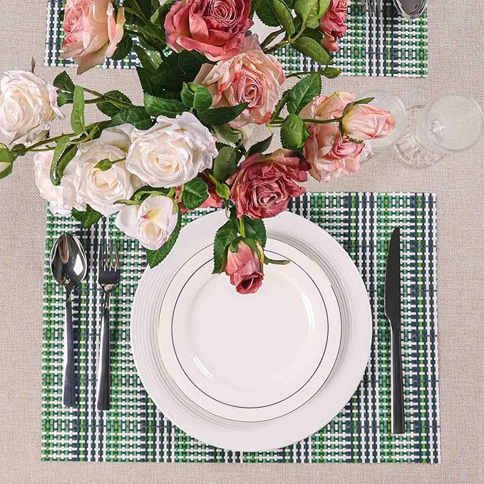 AHHFSMEI Placemats for Dining Table Set of 8 Woven Vinyl Plastic Place Mats Non-Slip Heat Insulation Stain Resistant Table Mats Washable Easy Clean Placemats (Green Blue Stripe 8)