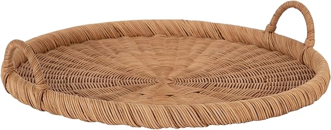 Kate and Laurel Cormont Modern Round Woven Rattan Tray with Handles; 23 Inch Diameter; Natural Rattan; Decorative Circle Boho Tray for Use as Versatile Ottoman Tray or Serving Platter