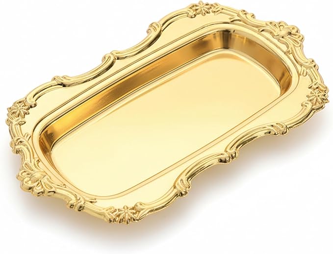 Metal Serving Tray, Gold Vanity Tray with Vintage Edge for Jewelry, Perfume, Snacks and Dessert Display, Serving