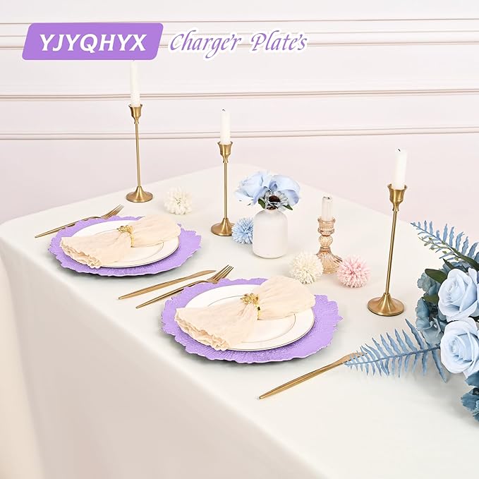 50 Pack Lavender Charger Plates Bulk, 13" Plastic Reef Chargers for Dinner Plates, Round Charger Plate with Floral Reef Design for Dinner Wedding Party Table Setting Decoration
