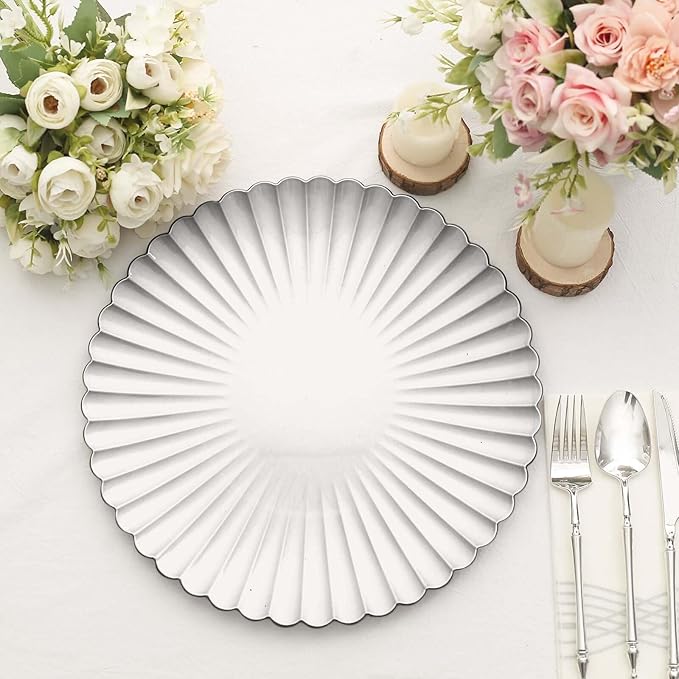 Efavormart 6 Pack | 13" Silver Scalloped Shell Pattern Plastic Serving Plates, Round Disposable Charger Plates