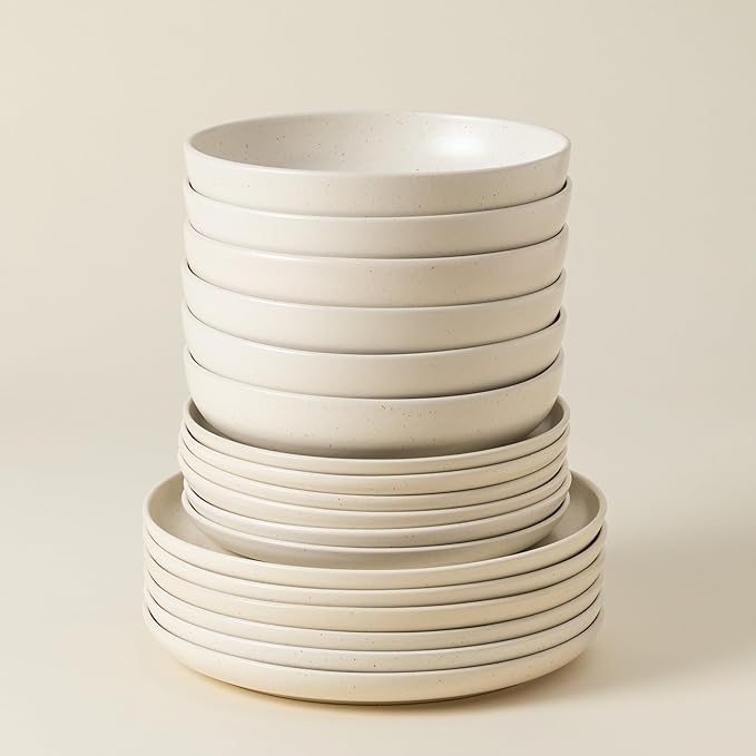 Casafina Ceramic Stoneware 18-Piece Place Setting Service for 6 with Pasta Bowls - Pacifica Collection, Vanilla | Microwave & Dishwasher Safe Dinnerware Set | Food Safe Restaurant Quality Tableware
