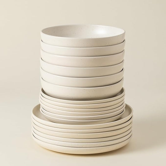 Casafina Ceramic Stoneware 18-Piece Place Setting Service for 6 with Pasta Bowls - Pacifica Collection, Vanilla | Microwave & Dishwasher Safe Dinnerware Set | Food Safe Restaurant Quality Tableware
