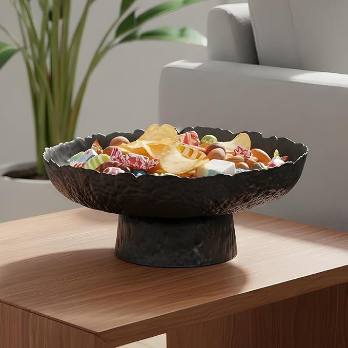 Large Glass Fruit Bowl for Kitchen Counter Decorative Centerpiece Bowl for Table Home Déco, Black Hammered