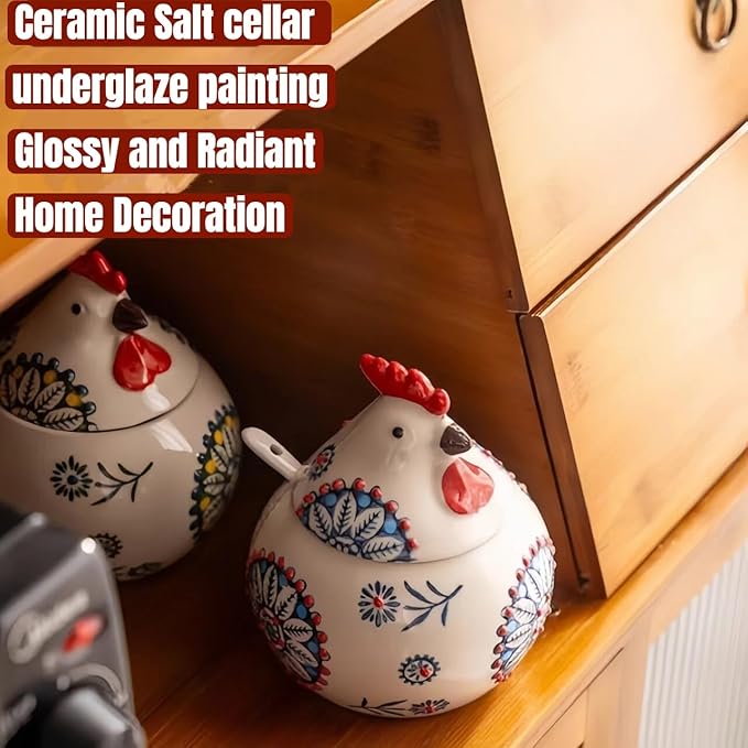 Ceramic Salt Cellar with Lid and Spoon | 13.5OZ Large Chicken Salt Container | Salt and Pepper Containers for Countertop | Sugar Bowl Salt Holder Candy Jar Box for Counter Home Chicken Decor (Green)