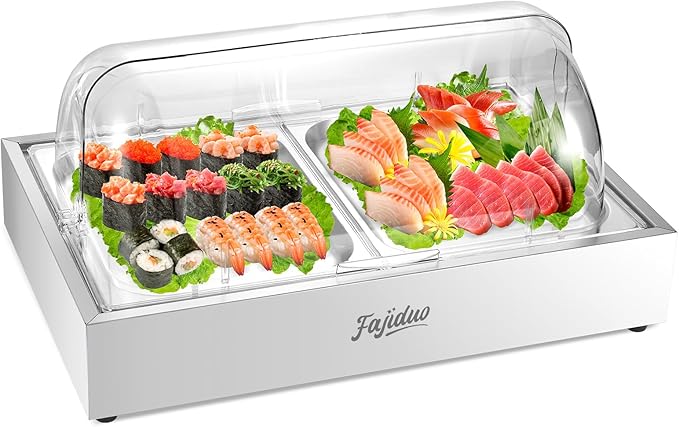 Ice Food Serving Display Tray, Cold Serving Plate with Clear Roll Top, 5QT Stainless Steel Food Serving Tray, Cooling Food Dishes Display Plate for Home, Buffet, Restaurant, Party