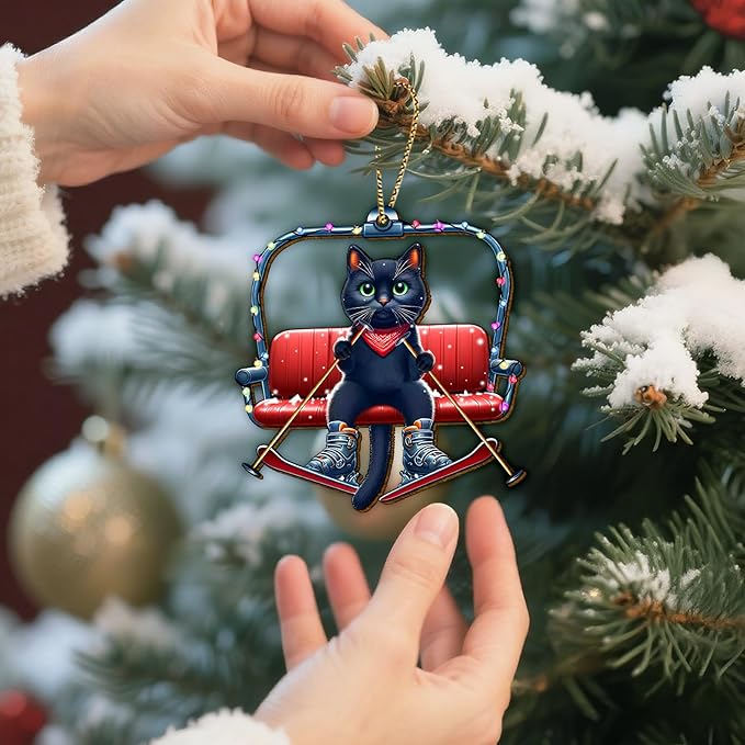 34HD Black Cat Christmas Ornament 2025 - Wooden Hanging Xmas Tree Ornament Decoration, Christmas Keepsake Gifts and Home Decor for Cat Lovers and Ski Fans