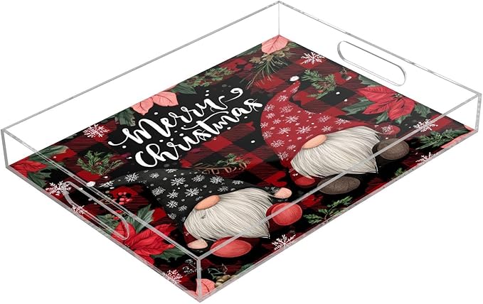 Serving Tray with Handles Clear Acrylic Tray 12x16 Inch Decorative Rectangular Tray Organizer for Ottoman Coffee Table Bathroom Red Black Checkered Christmas Gnomes Holly