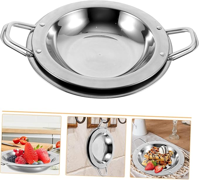 Cabilock 2Pcs Stainless Steel Round Plates with Handles Snack Serving Trays Kitchen Dish for Entertaining Easy to Clean Smooth Edges for Safety