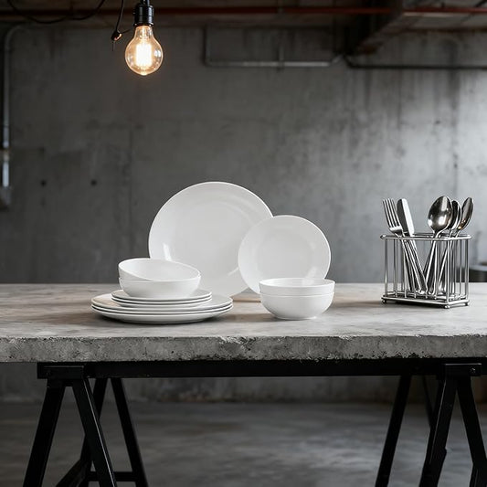 12-Piece Glazed White Stoneware Dinnerware Set - Service for 4, Plates & Bowls, Microwave & Dishwasher Safe