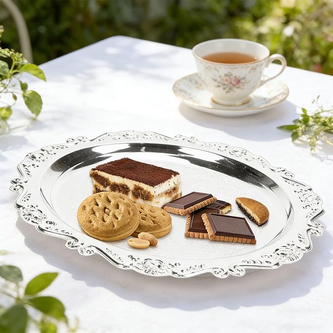Fdit Floral Engraved Serving Platter, Vintage Style Iron Snack and Appetizer Tray, Silver Party Serving Tray for Home Buffet and Outdoor Camping (20cm)