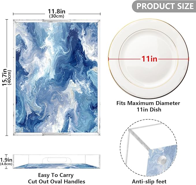 Serving Tray with Handles Clear Acrylic Tray 12x16 Inch Decorative Rectangular Tray Organizer for Ottoman Coffee Table Bathroom Blue Swirling Fluid