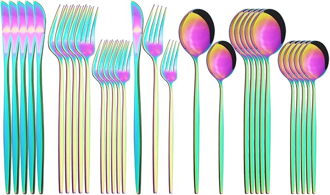 30Pcs Rainbow Simplicity Mirror Finished Cutlery Set, 18/0 Stainless Steel Daily Use Silverware Kitchen Home Restaurant Party Dessert Flatware Set Include Knife/Fork/Spoon, Service For 6