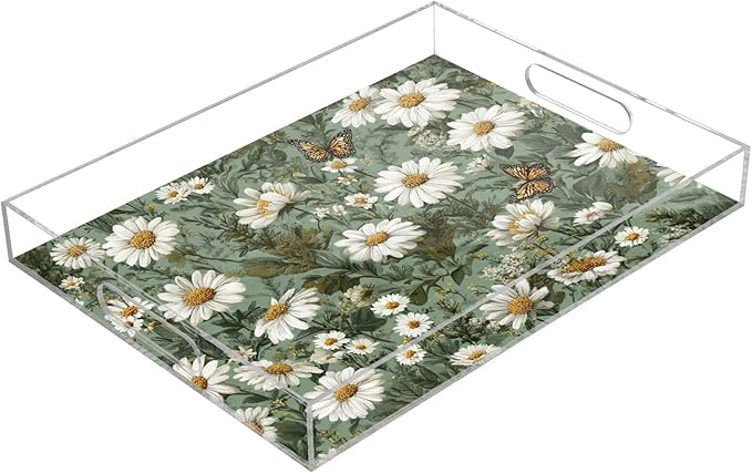 Serving Tray with Handles Clear Acrylic Tray 12x16 Inch Decorative Rectangular Tray Organizer for Ottoman Coffee Table Bathroom Summer Daisy Butterfly Green