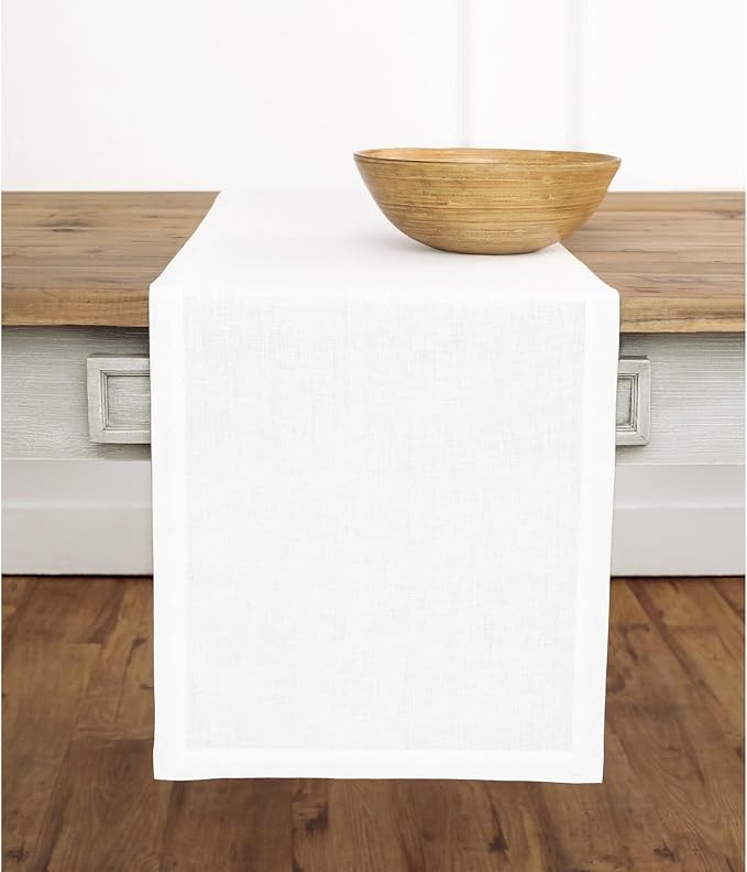 Solino Home Linen White Table Runner 60 Inches - 100% Pure Linen Short Table Runner 14 x 60 Inch Ideal for Dresser and Coffee Tables - Winter, Christmas, New Year - Fete