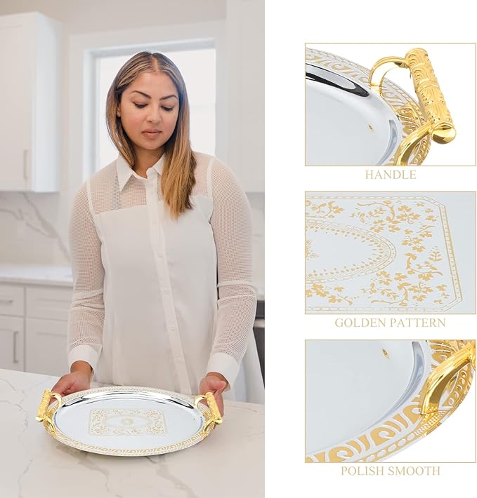 Gold Stainless Steel Oval Serving Tray Food-Grade Household Fruit and Snacks Tray European Style Coffee Table for Kitchen and Dining