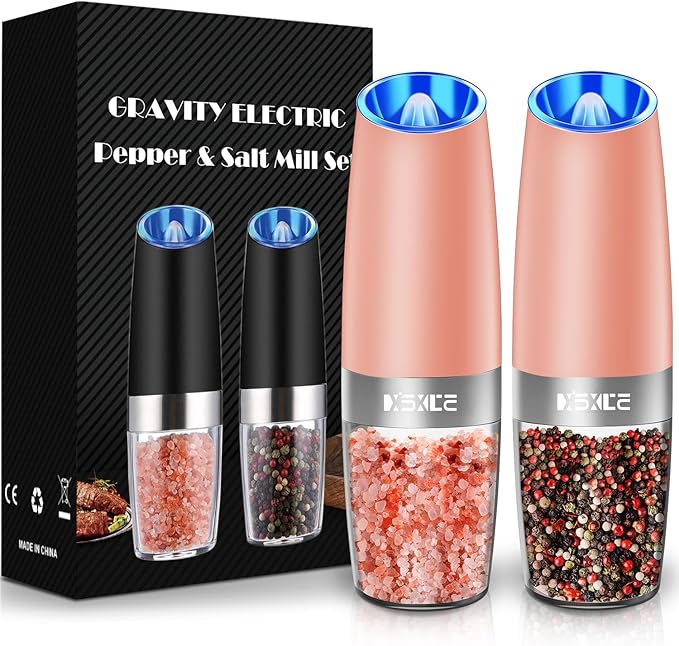 XinXu Gravity Electric Pepper and Salt Grinder Set, Adjustable Coarseness, with LED Light, One Hand Automatic Operation (Set/Coral X)