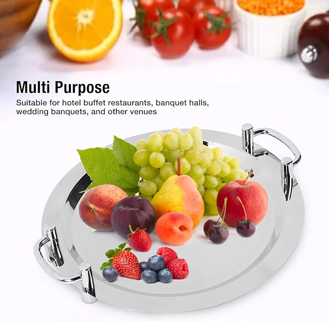 Stainless Steel Buffet Plate, Mirrored Silver Tray, Bright Mirror Finish Serving Tray with Handle for Hotel Restaurant Banquet (Square Length 43 cm) (Circular Diameter 40 cm)