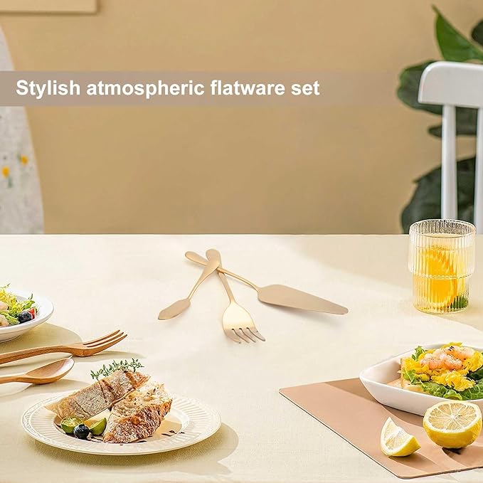 6-Piece Serving Flatware Silverware Set, Serving Utensil Set,Include Cake Server, Slotted Serving Spoon Gold