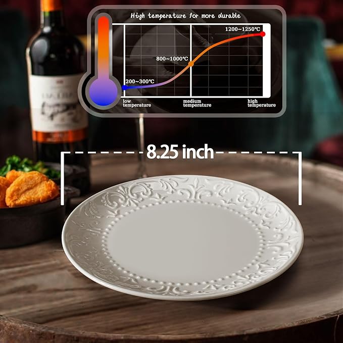 Salad Plates Set of 4 - 8.25 Inch Ceramic Embossed Appetizer and Dessert Plates, Modern White Small Dinner Set for Kitchen - Microwave, Oven and Dishwasher Safe (Brocade Flower)