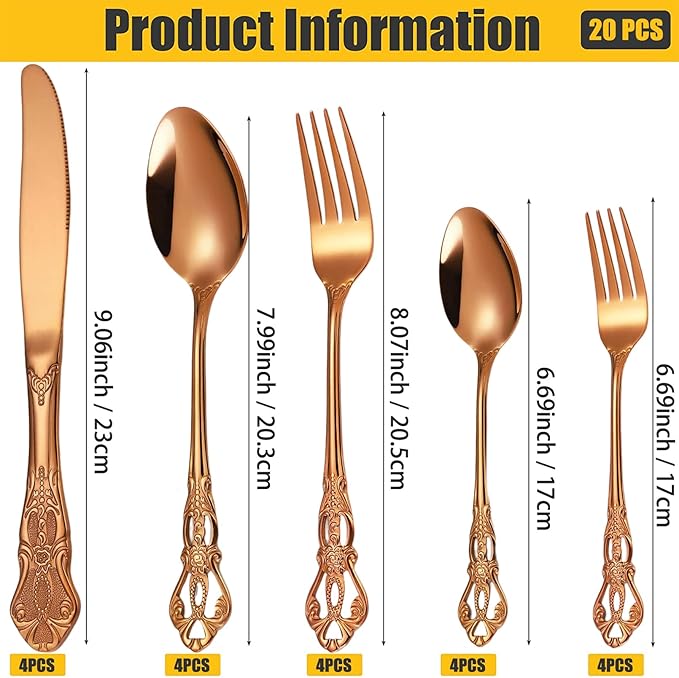 Vilihkc Gorgeous Retro Royal Stainless Steel 20 Pieces Flatware Set, Silverware Set, Anti-rust Stainless Steel Cutlery Set Utensils Including Fork Spoon and Knife